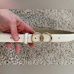 Express Cream Croc Embossed Belt with Gold Buckle